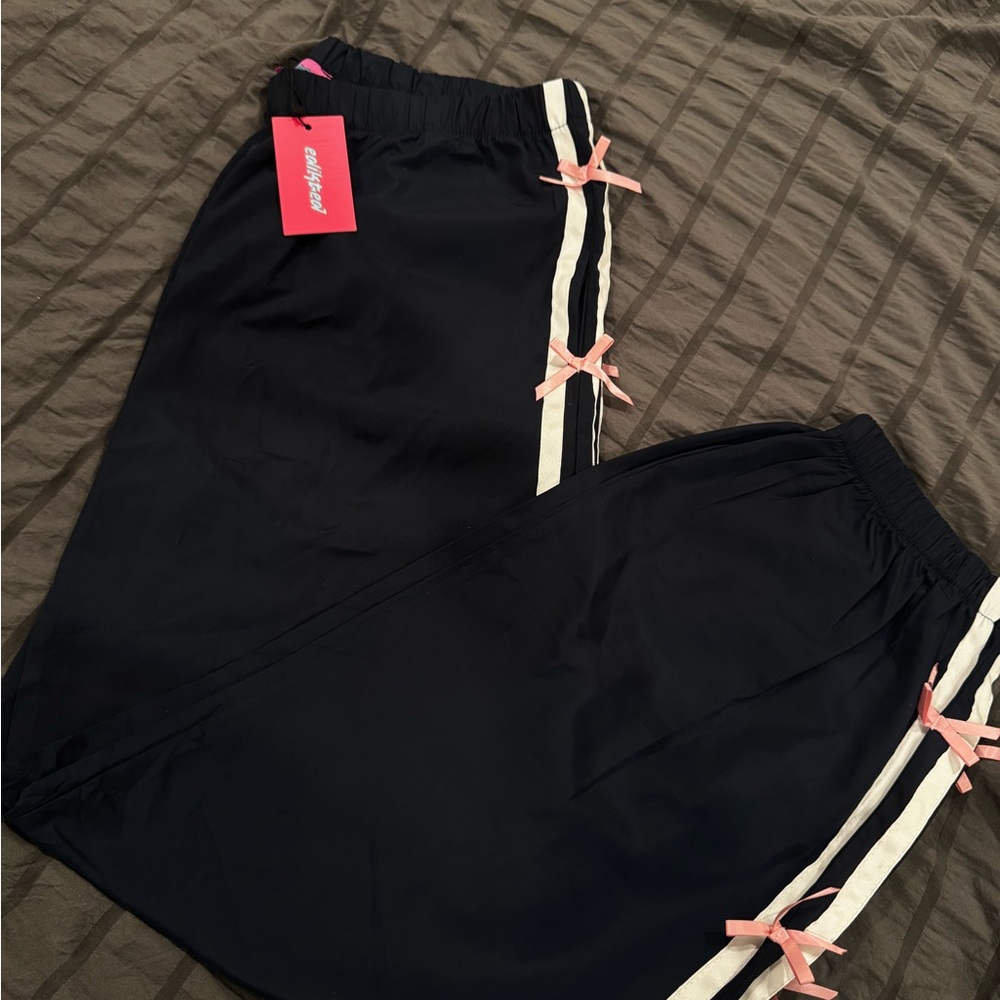 Navy Track Pants with Pink Ribbon Accent